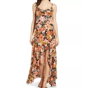 Billabong Kick It Up Maxi Dress Womens Medium Black Floral High Low Ruffle Rayon